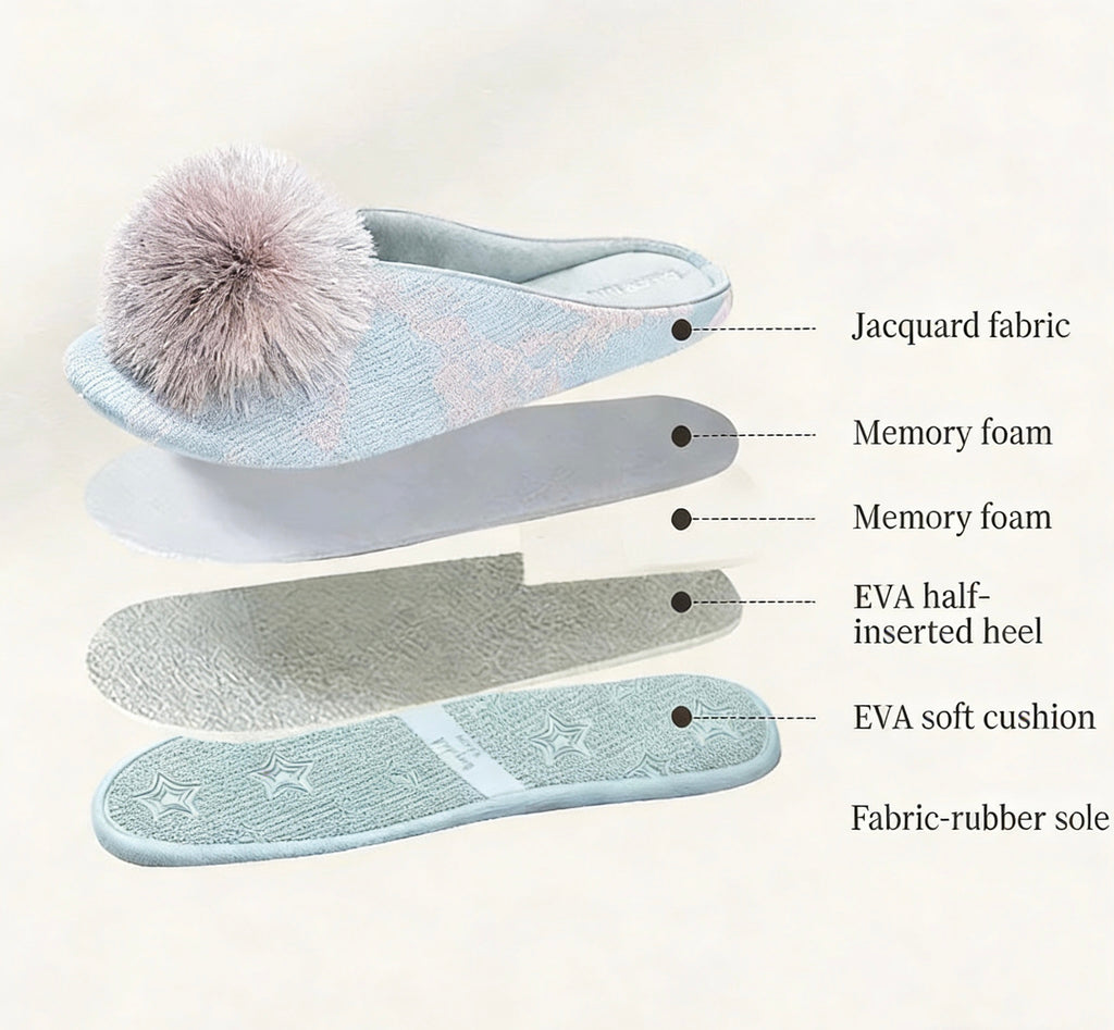 Cozy Slippers | Misty Blue Jacquard Pom-Pom Home Slippers