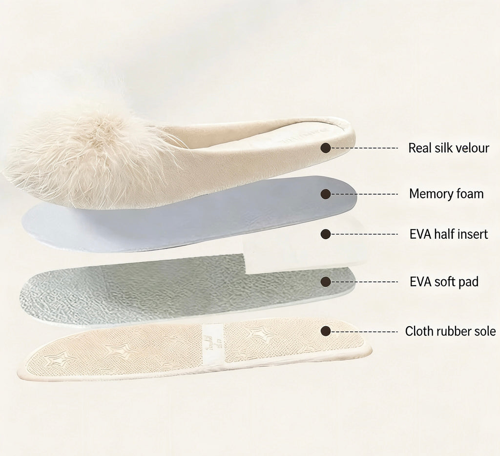 Ballet Slippers | Cream Feather Satin Loungewear Slippers