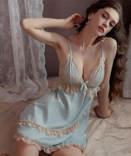 Misty Blue French Lace Slip Dress | valentines day pajamas