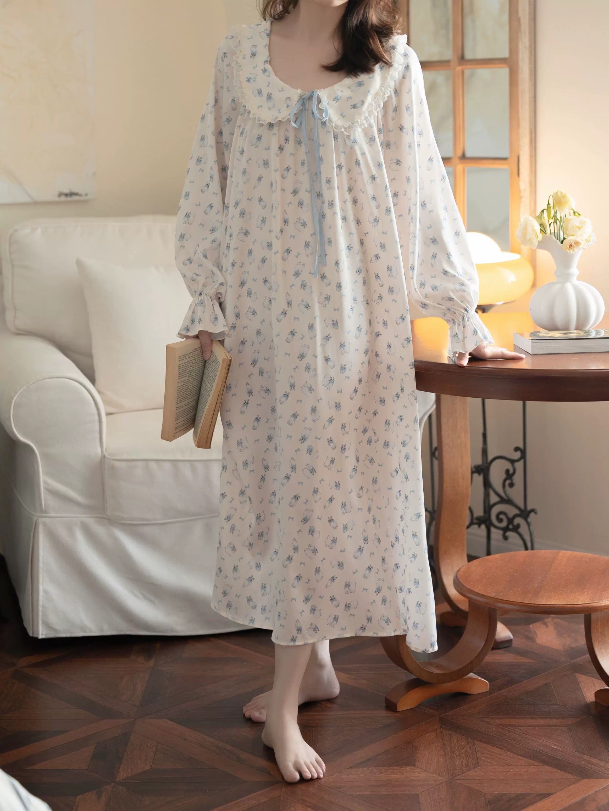 White Blue Cat Print Nightgown - Ruffled Collar Long Sleeve Sleep Dress