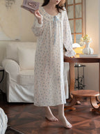 White&Blue Cat Print Maxi Nightgown