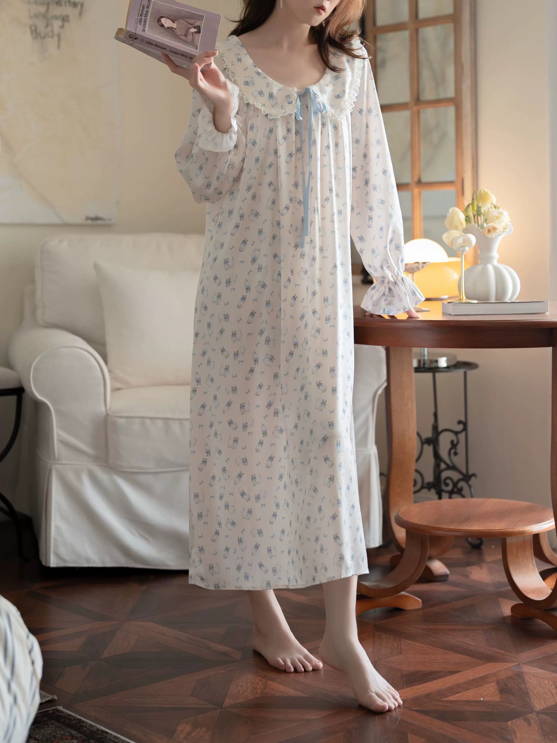 White Blue Cat Print Nightgown - Ruffled Collar Long Sleeve Sleep Dress