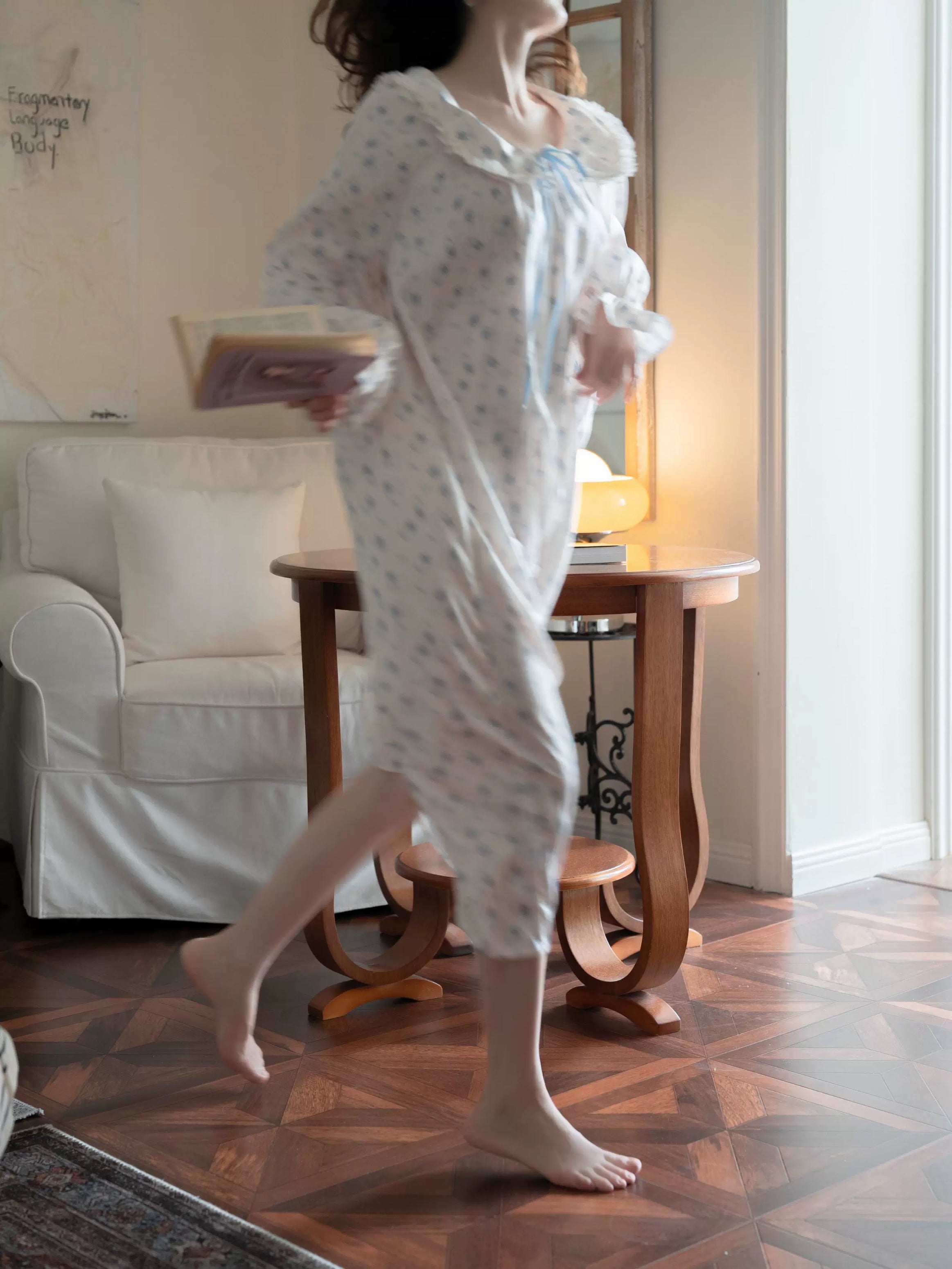 White Blue Cat Print Nightgown - Ruffled Collar Long Sleeve Sleep Dress