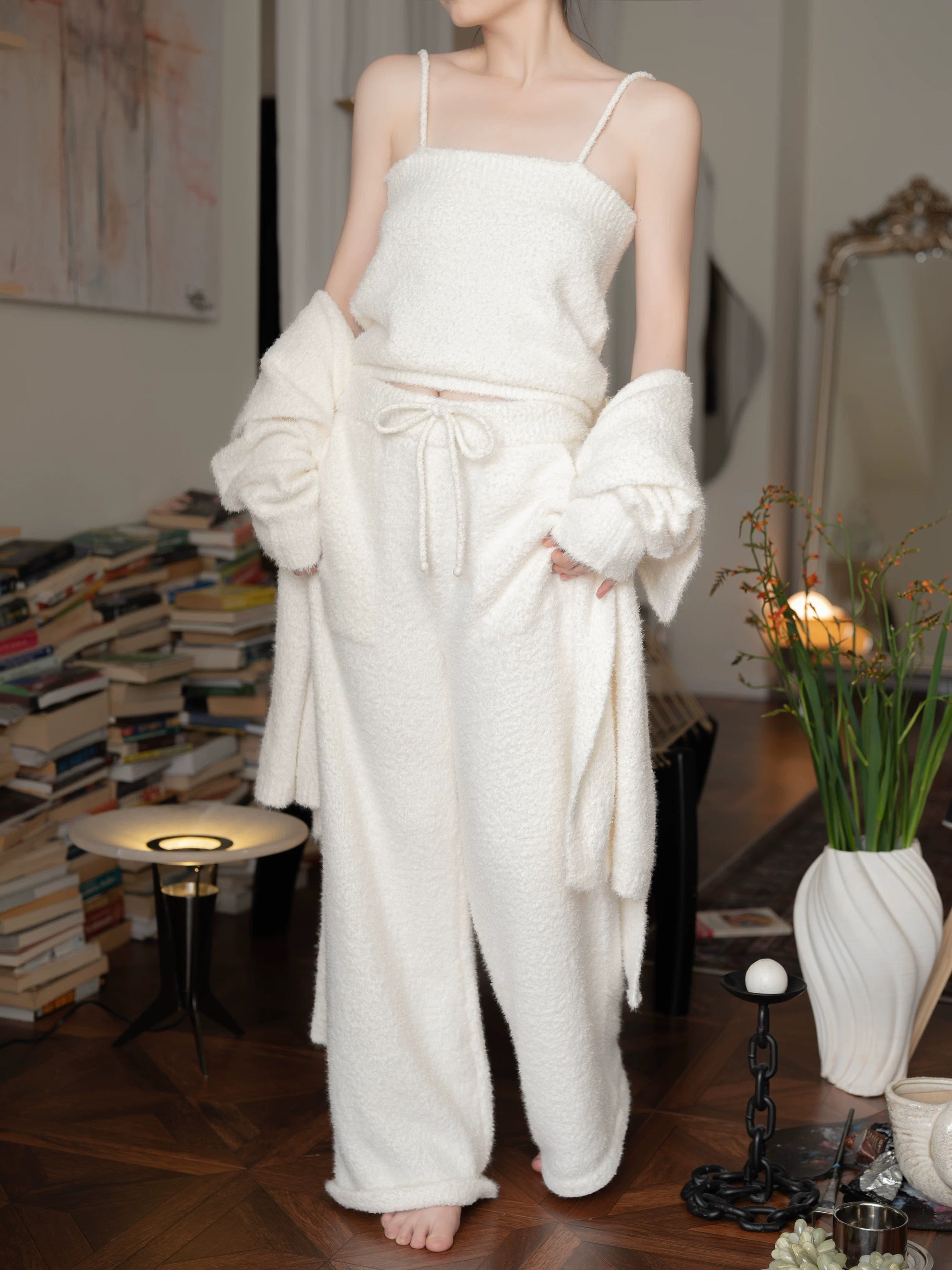 Cloud-Soft White Matching Pajama Sets | 3-Piece Fuzzy Loungewear for Winter Nights