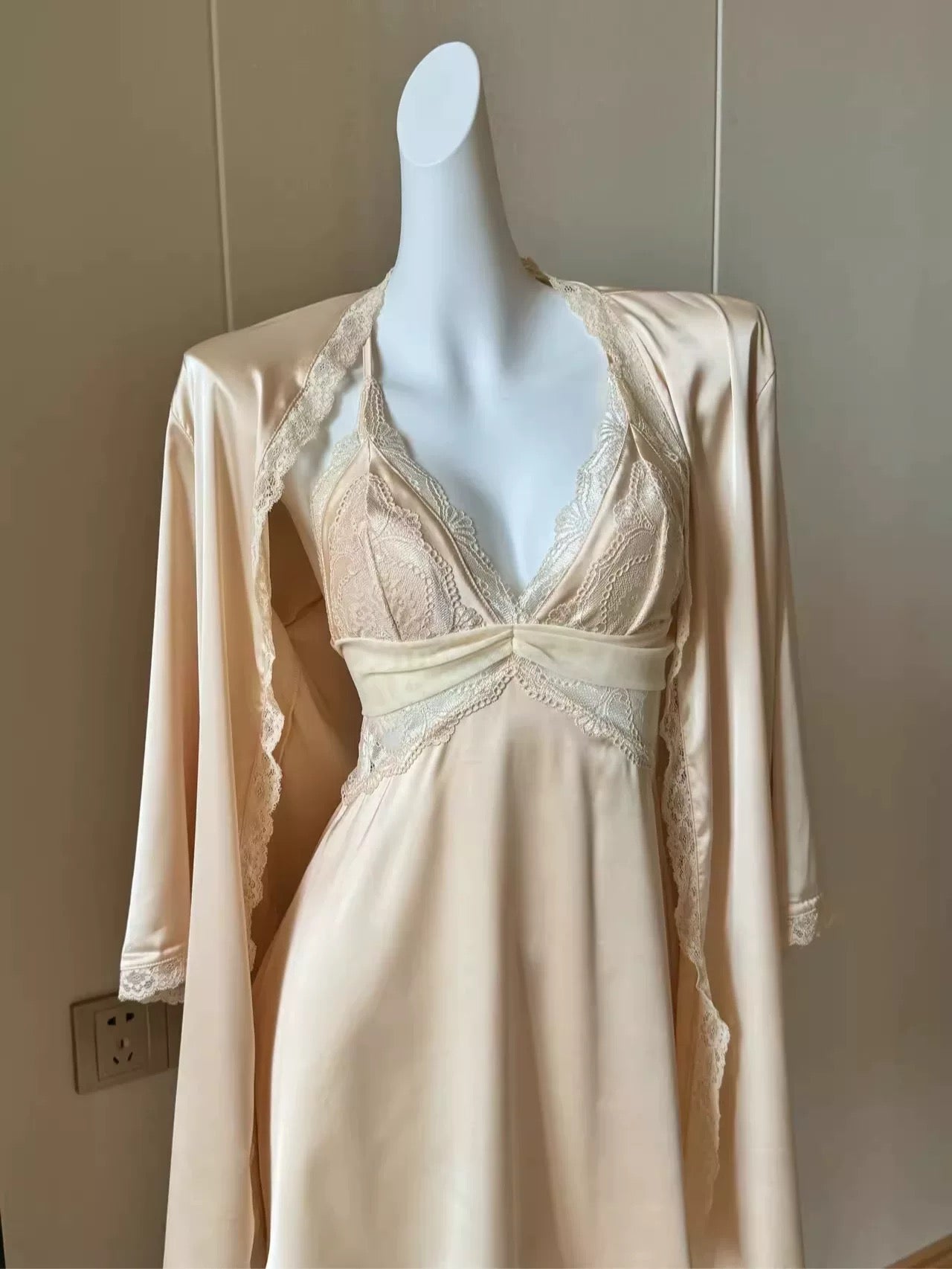 Romantic Valentine Pajamas | Champagne Satin Slip Dress & Robe Set