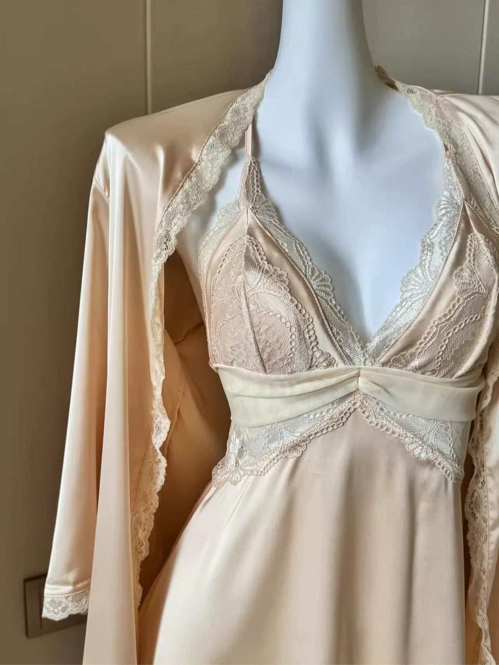 Champagne Satin Slip Dress & Robe Set