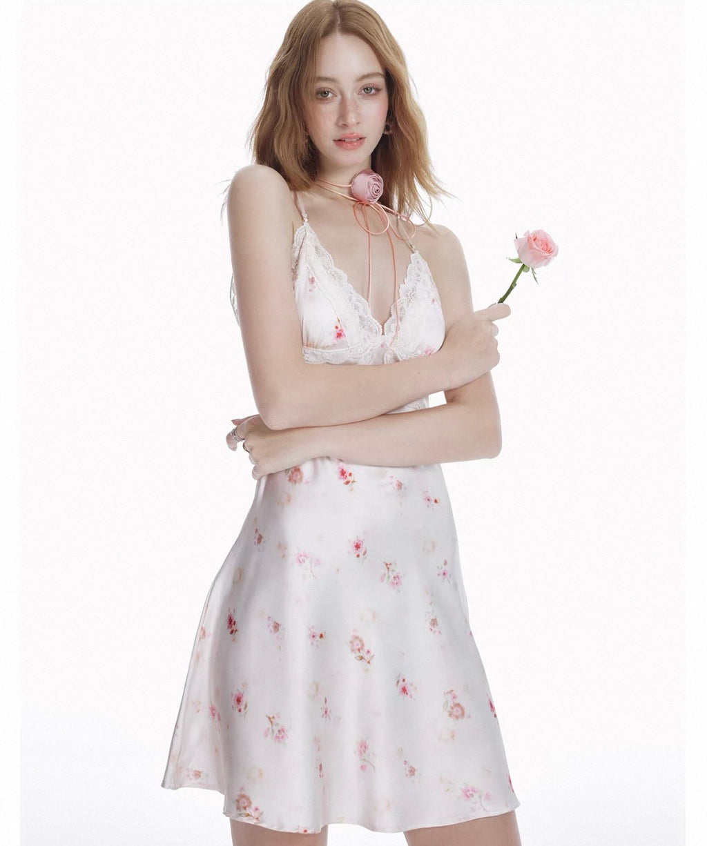 White Floral Print Lace Dress