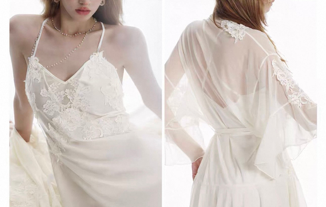 White Veil French Lace Satin Nightdress