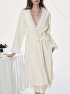 Cream Luxe French Robe with Furry Trim