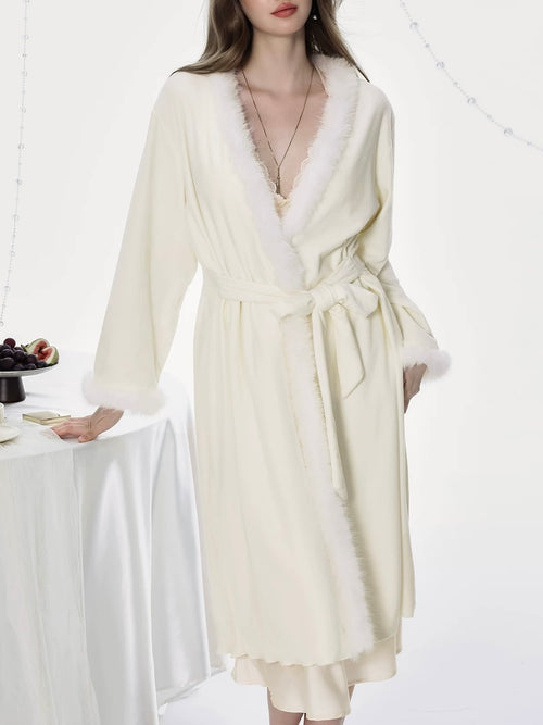Cream Luxe French Robe with Furry Trim