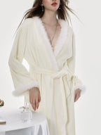Cream Luxe French Robe with Furry Trim