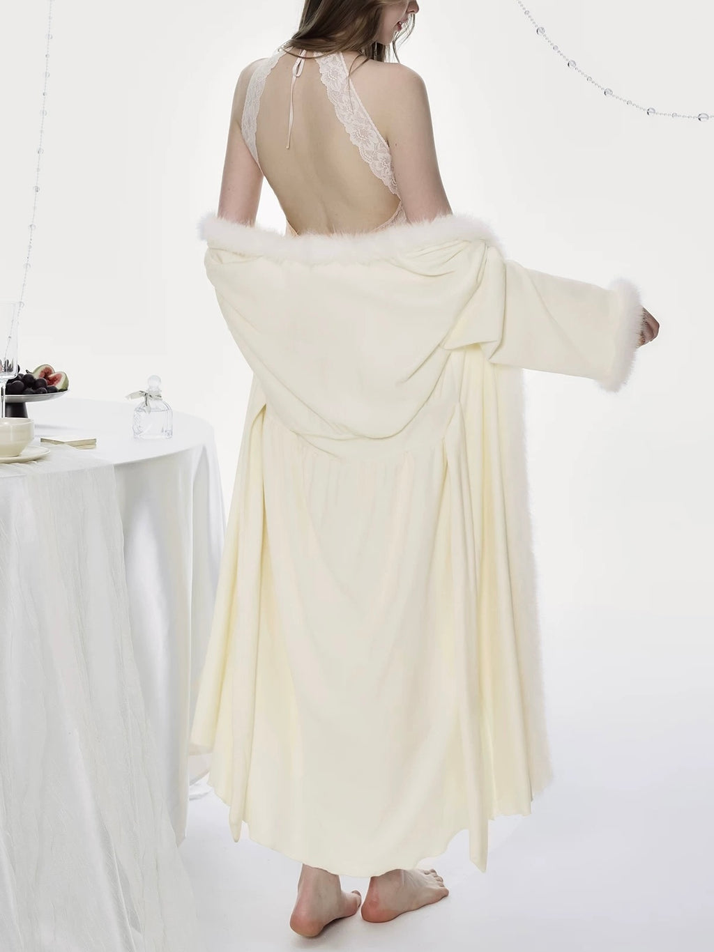 Cream Luxe French Robe with Furry Trim