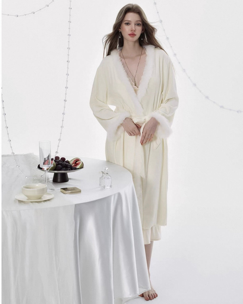 Cream Luxe French Robe with Furry Trim