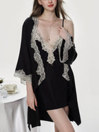 Black Satin Lace Deep V Nightdress