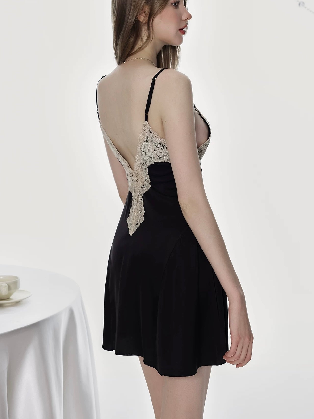 Black Satin Lace Deep V Nightdress