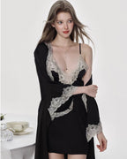 Black Satin Lace Deep V Nightdress