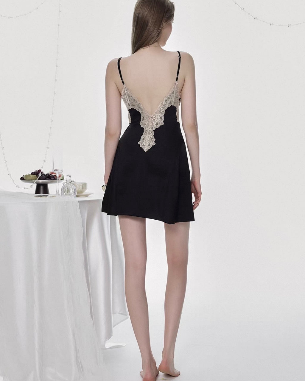 Black Satin Lace Deep V Nightdress