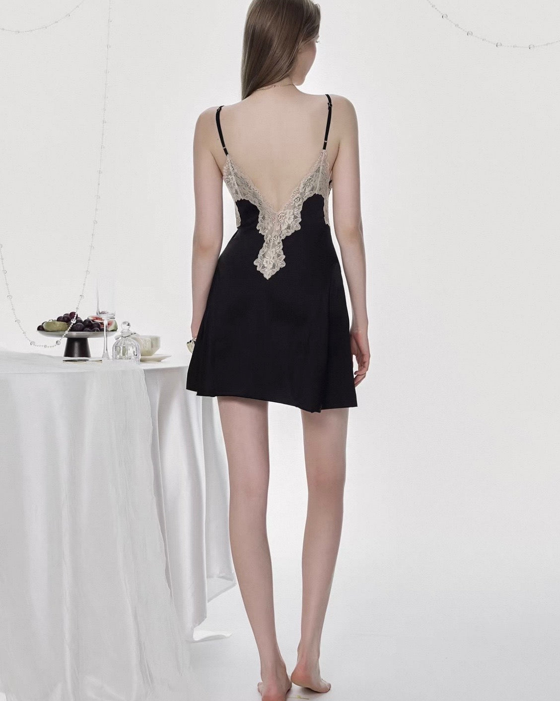 Black Satin Lace Deep V Nightdress