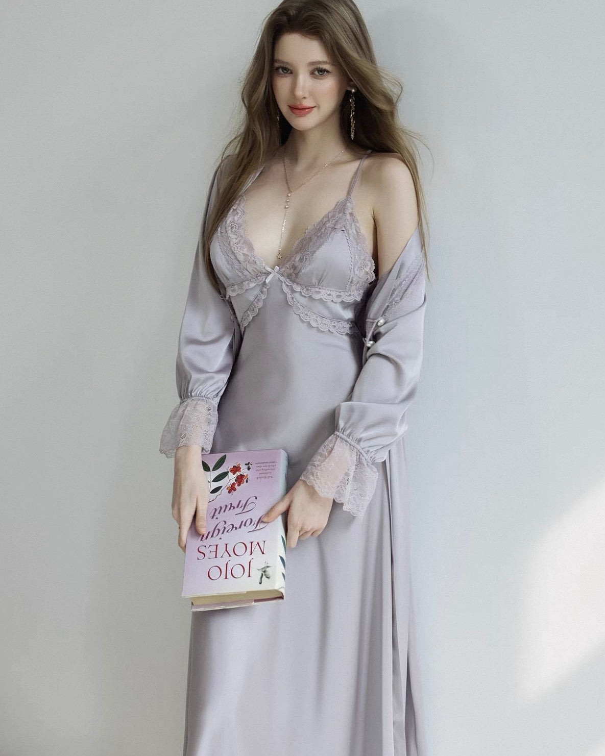 Lavender Mist Purple French Lace Deep V Nightgown