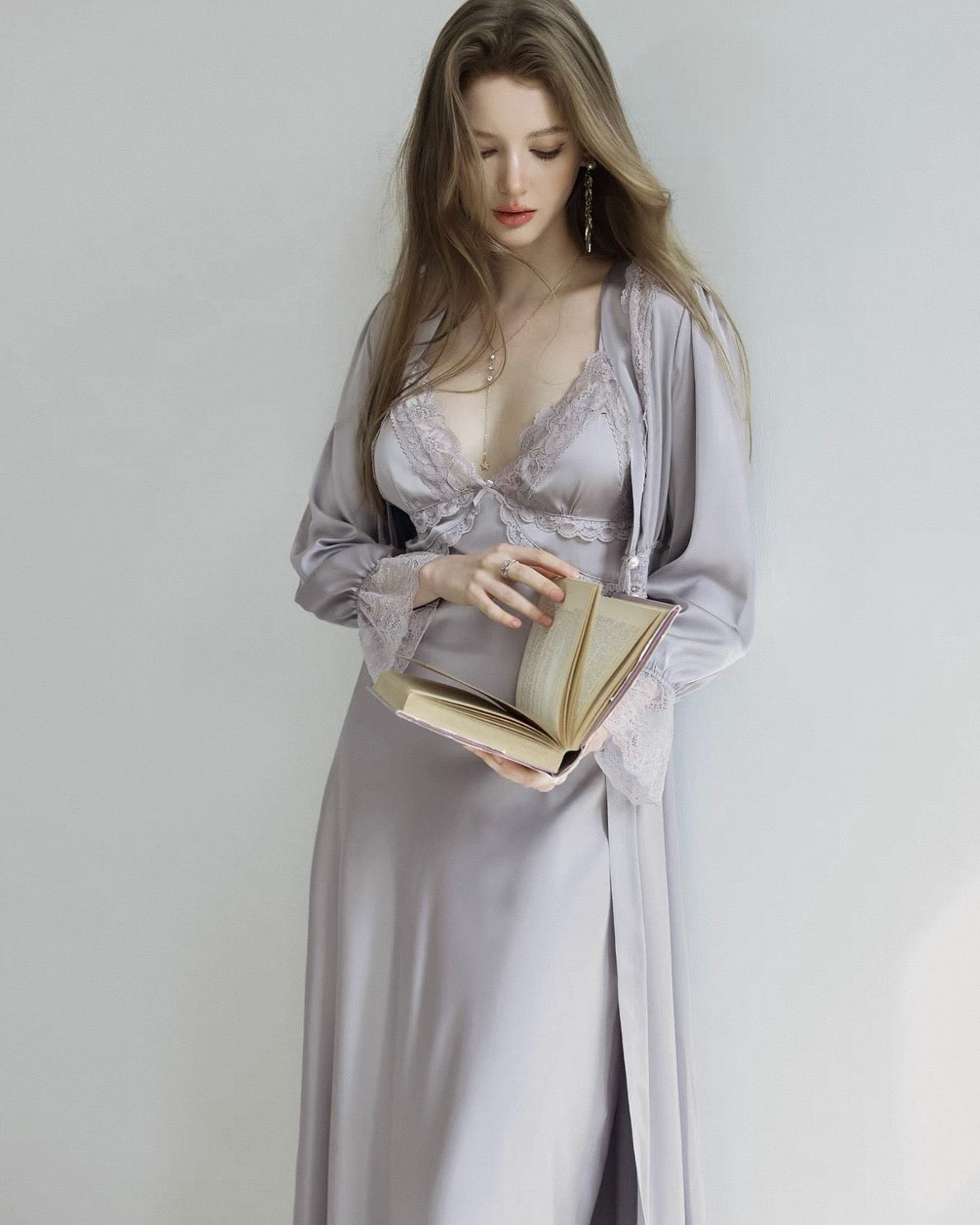 Lavender Mist Purple French Lace Deep V Nightgown