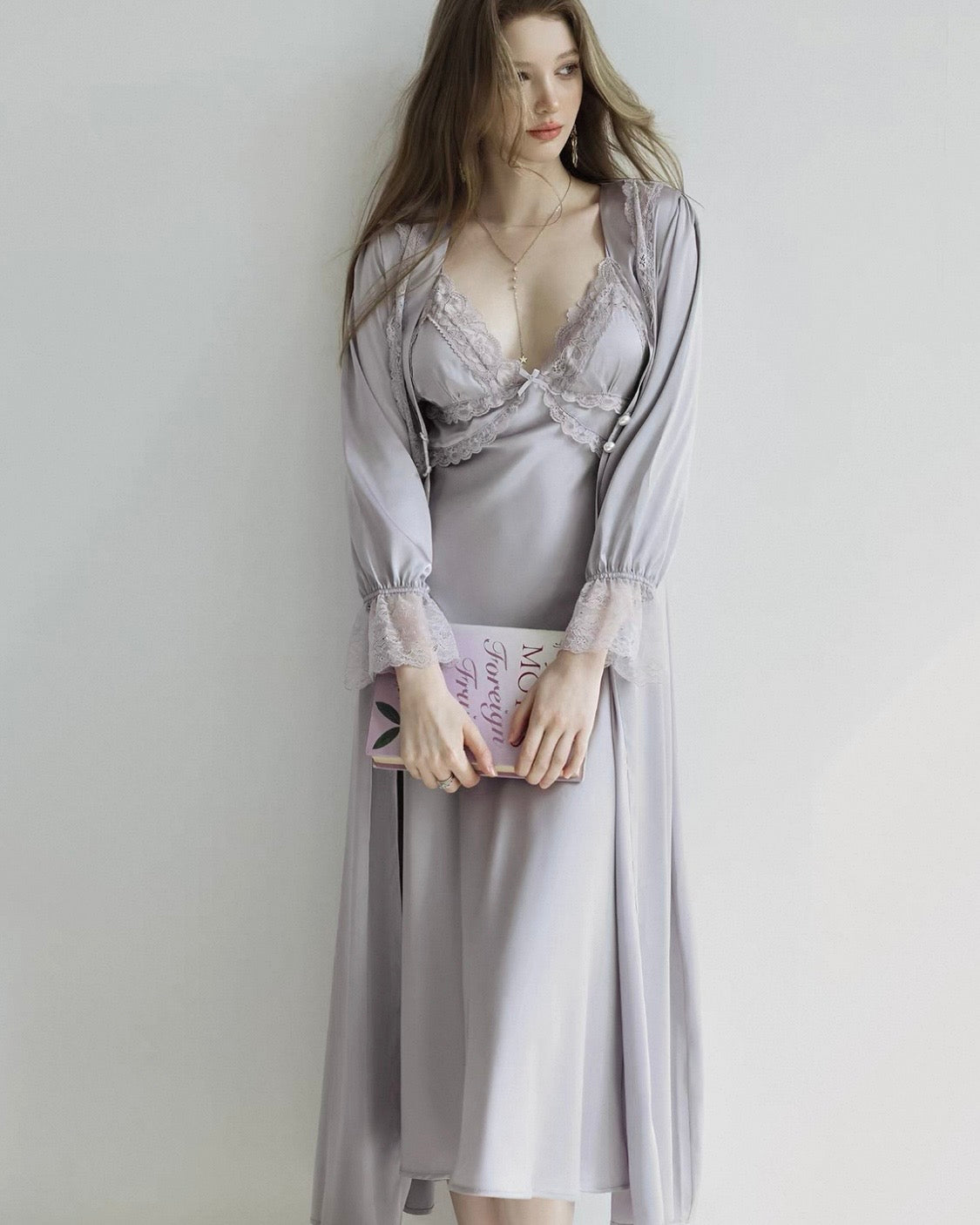 Lavender Mist Purple French Lace Deep V Nightgown
