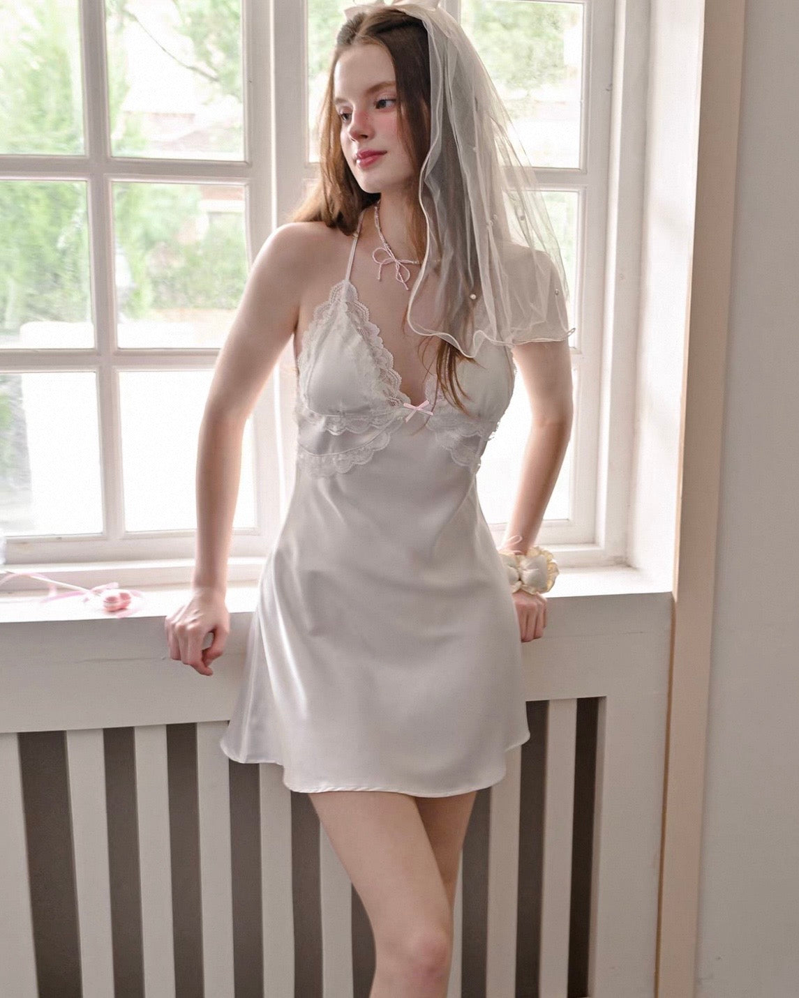 Bride's Veil Lover | Satin Lace Halter Neck Nightgown