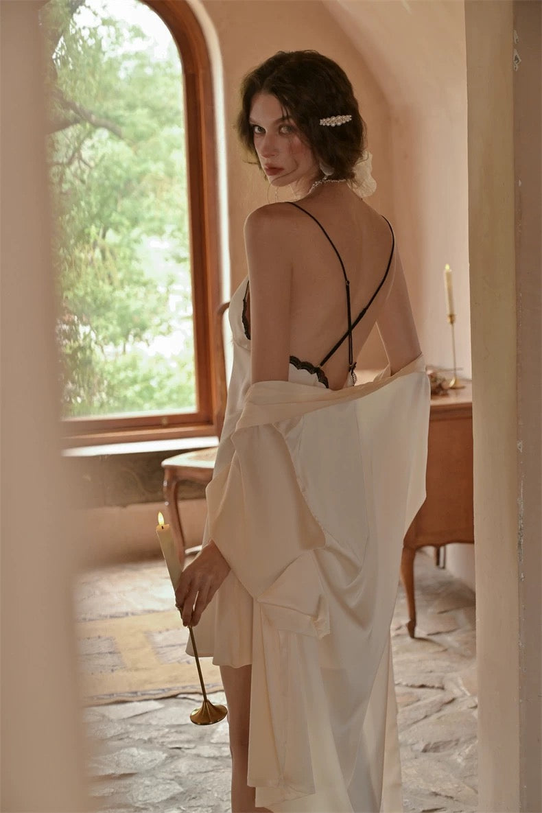 Cream Satin & Black Lace Slip Dress