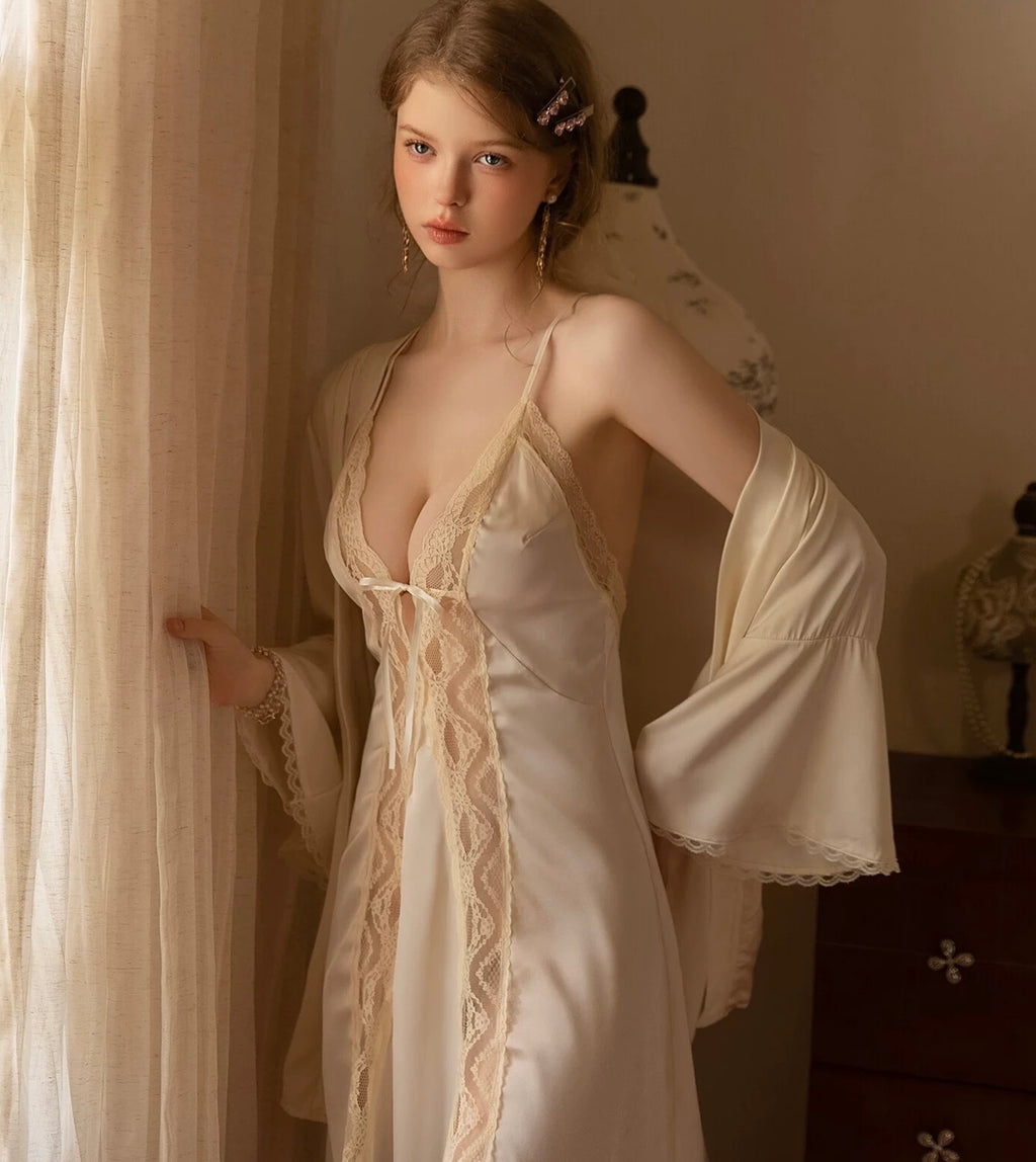 Cream White Lace Satin Crisscross Backless Nightgown