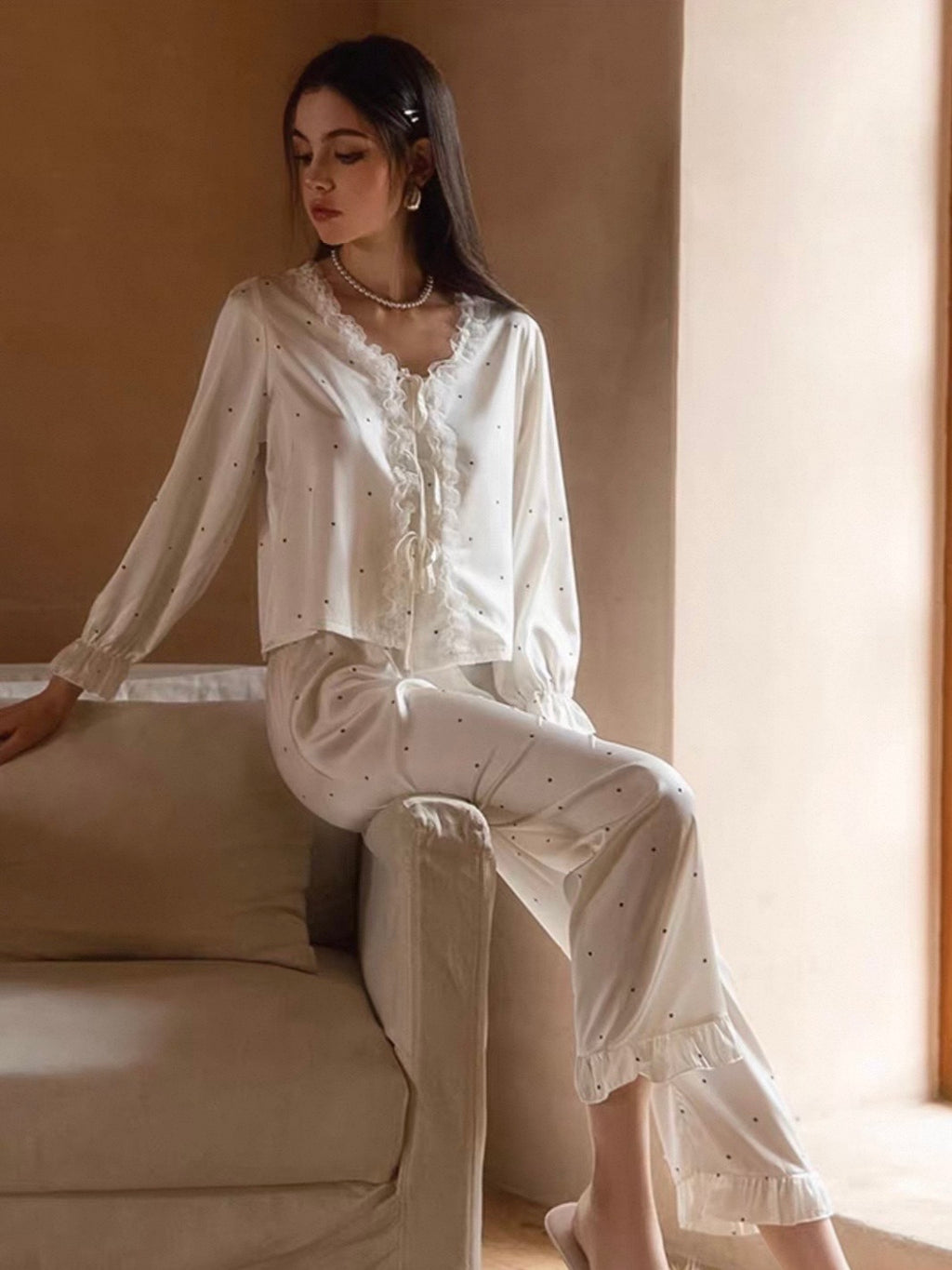 Pearl White Polka Dot French Pajama Set