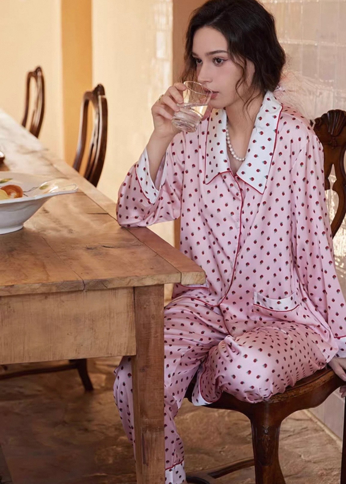 Pink Strawberry Print Pajama Set