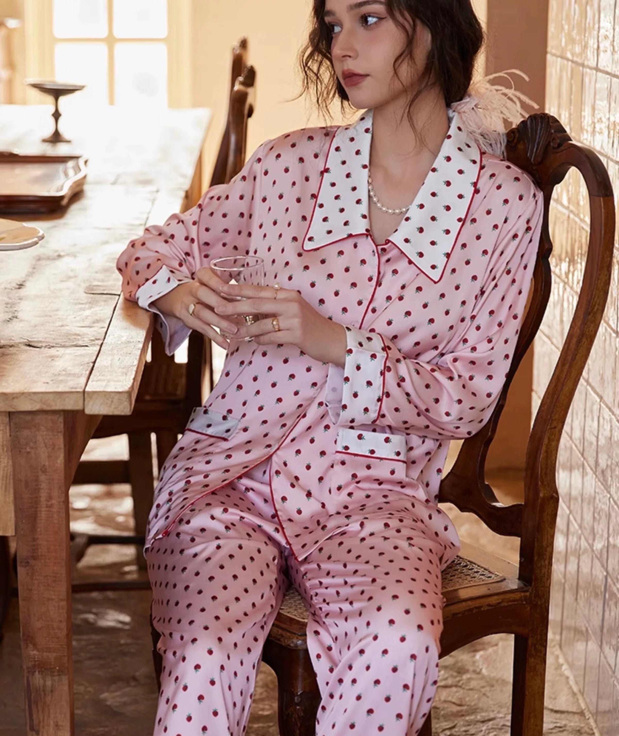 Pink Strawberry Print Pajama Set