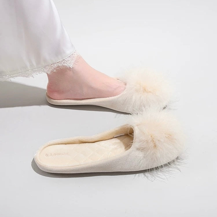 Ballet Slippers | Cream Feather Satin Loungewear Slippers
