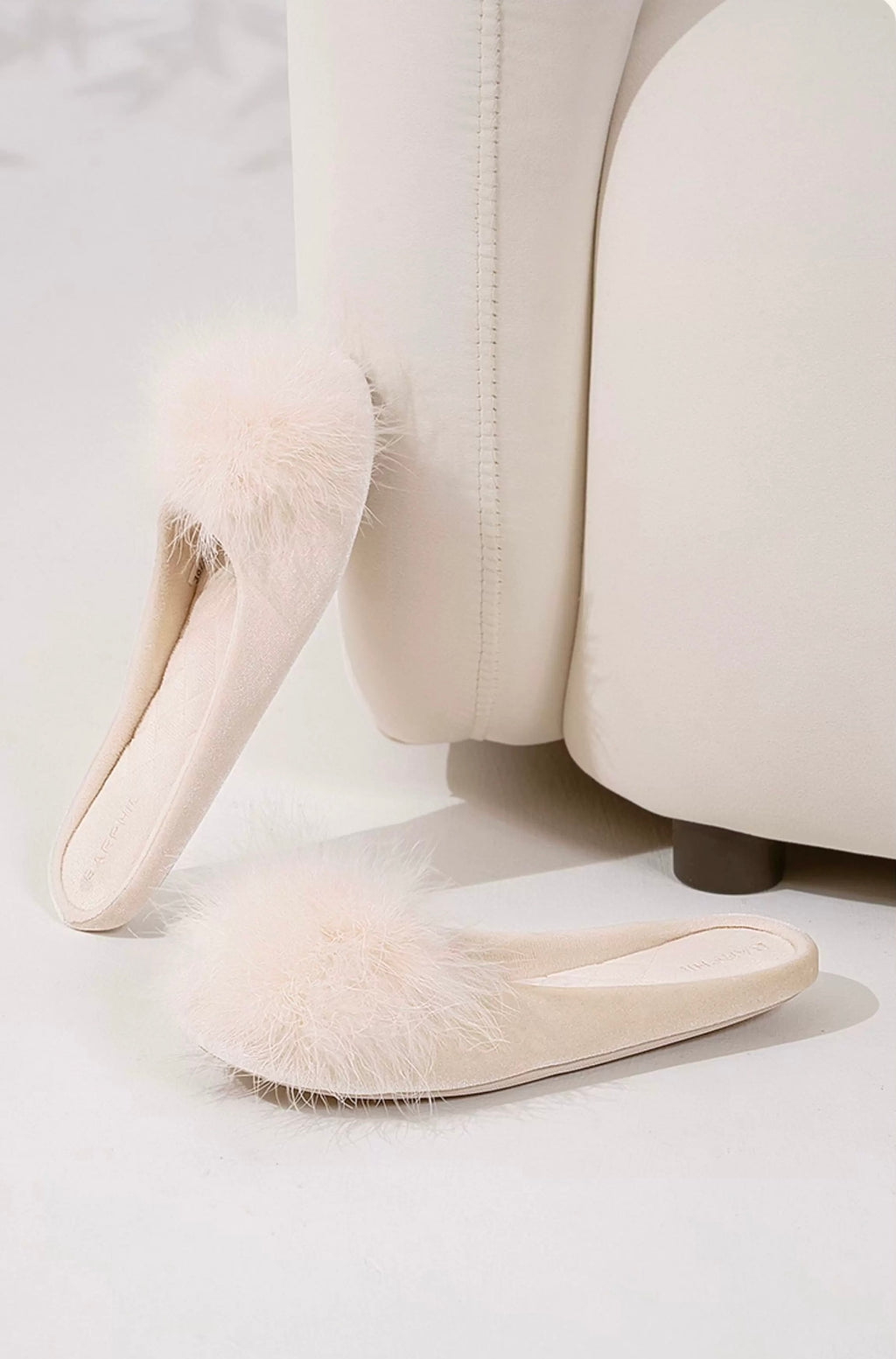 Ballet Slippers | Cream Feather Satin Loungewear Slippers