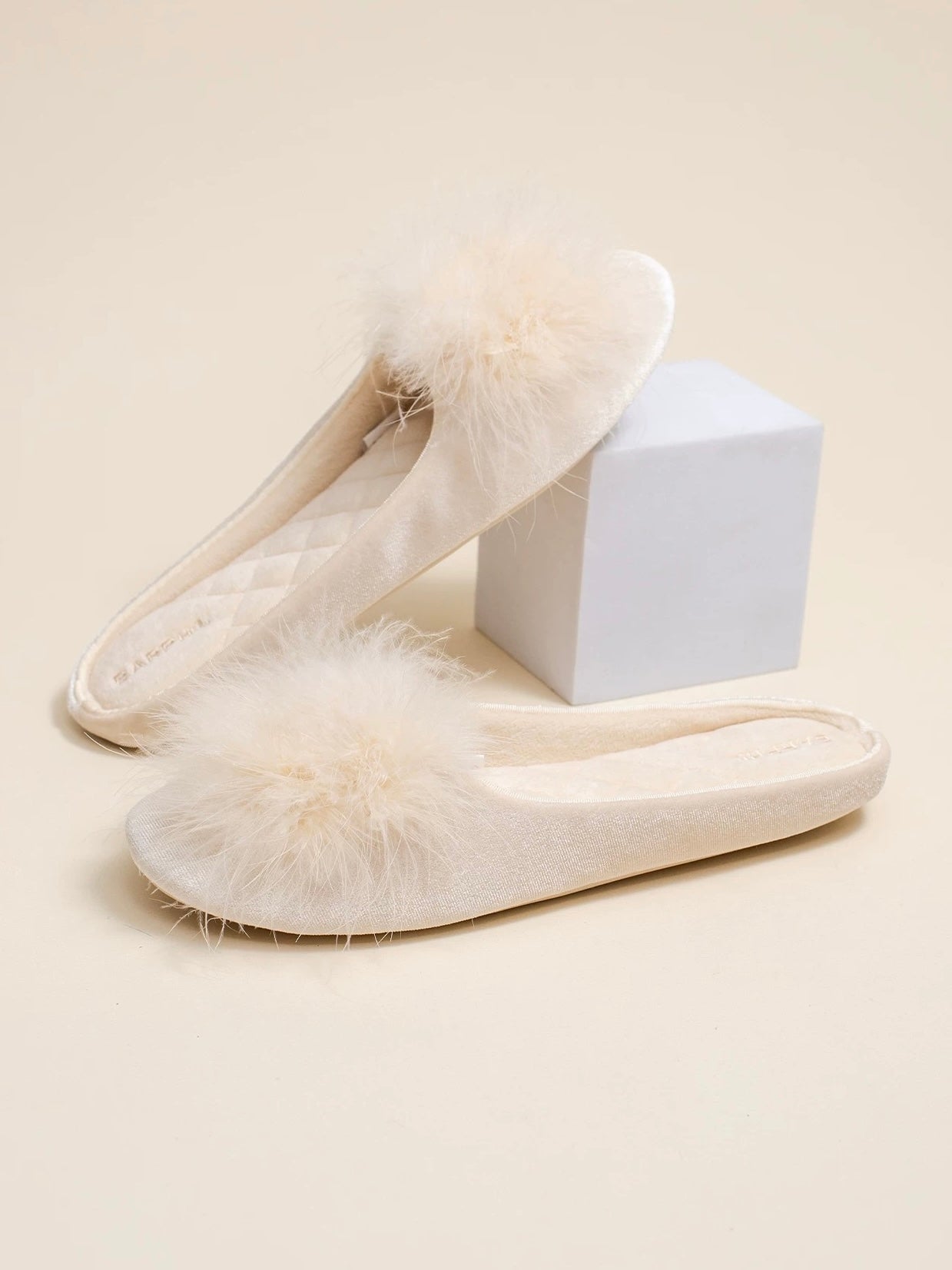 Ballet Slippers | Cream Feather Satin Loungewear Slippers
