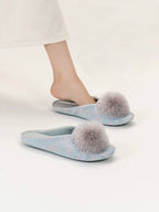 Misty Blue Jacquard Pom-Pom Home Slippers