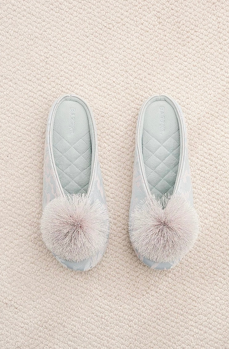 Cozy Slippers | Misty Blue Jacquard Pom-Pom Home Slippers