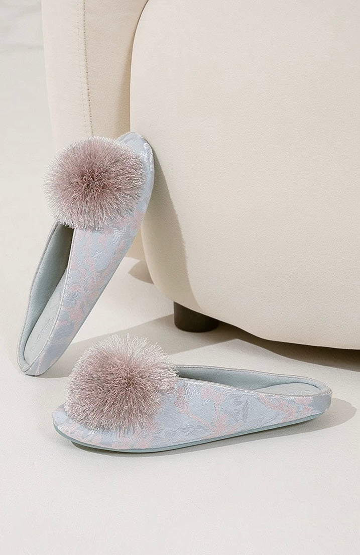 Cozy Slippers | Misty Blue Jacquard Pom-Pom Home Slippers