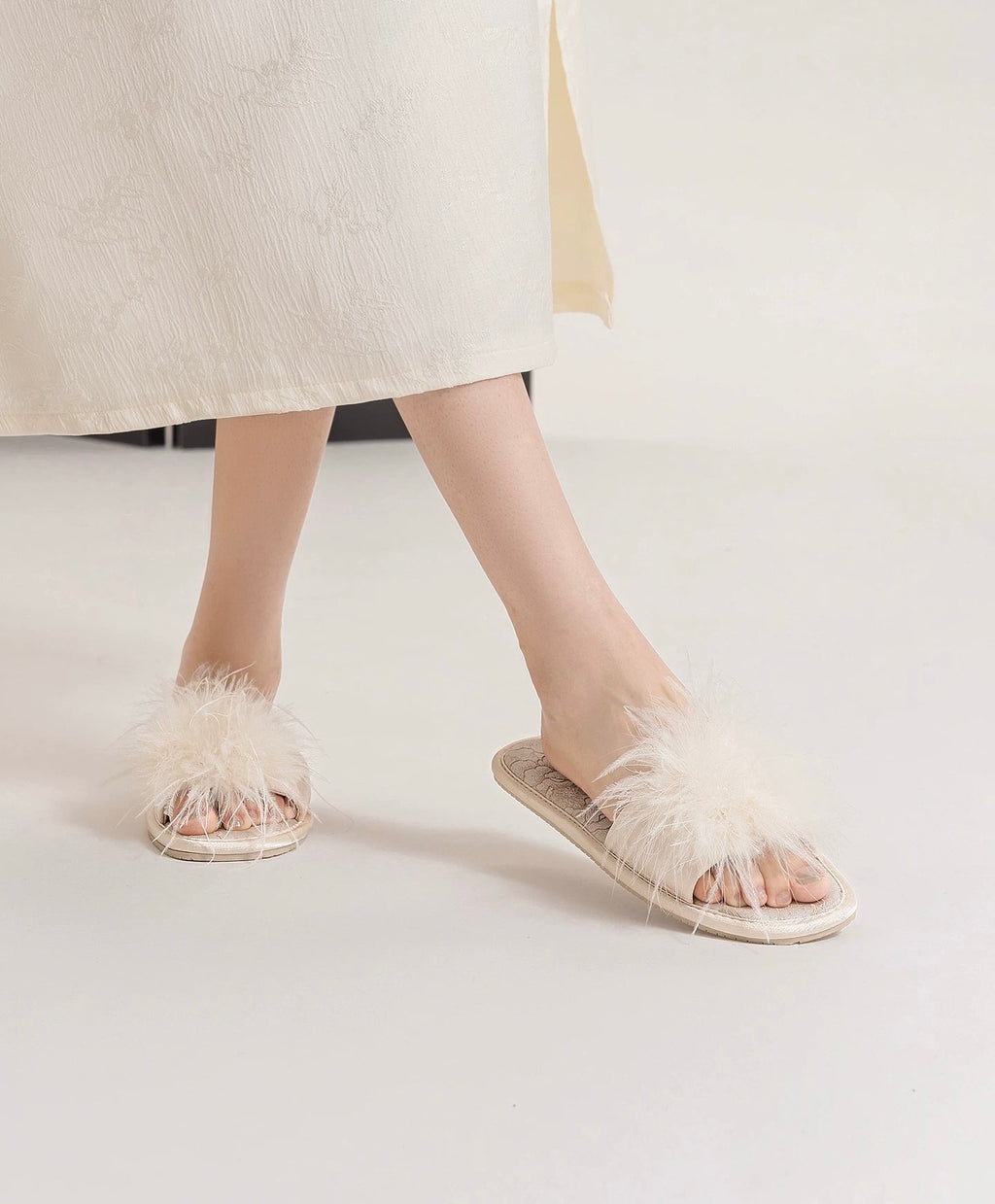 Ostrich Feather Jacquard Satin Open-Toe Slides