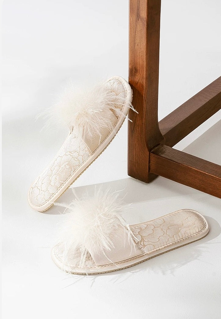 Ostrich Feather | Jacquard Satin Open-Toe Slides