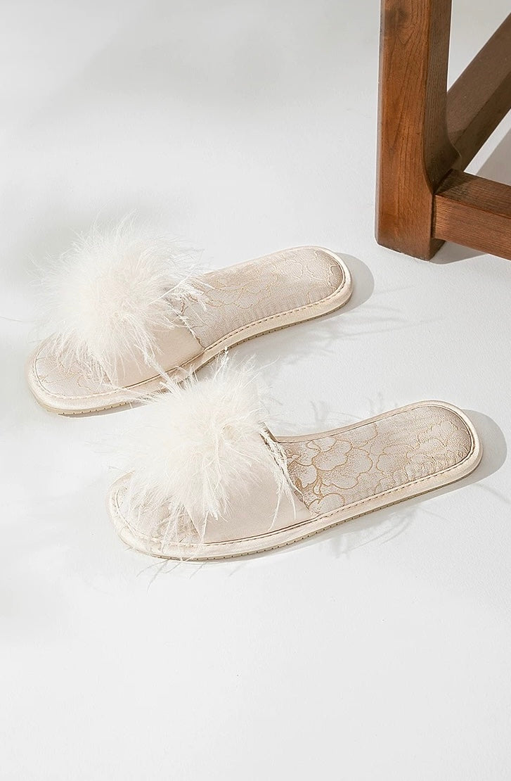 Ostrich Feather Jacquard Satin Open-Toe Slides