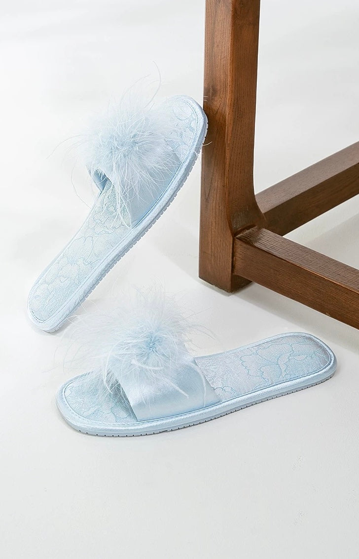 Ostrich Feather | Jacquard Satin Open-Toe Slides