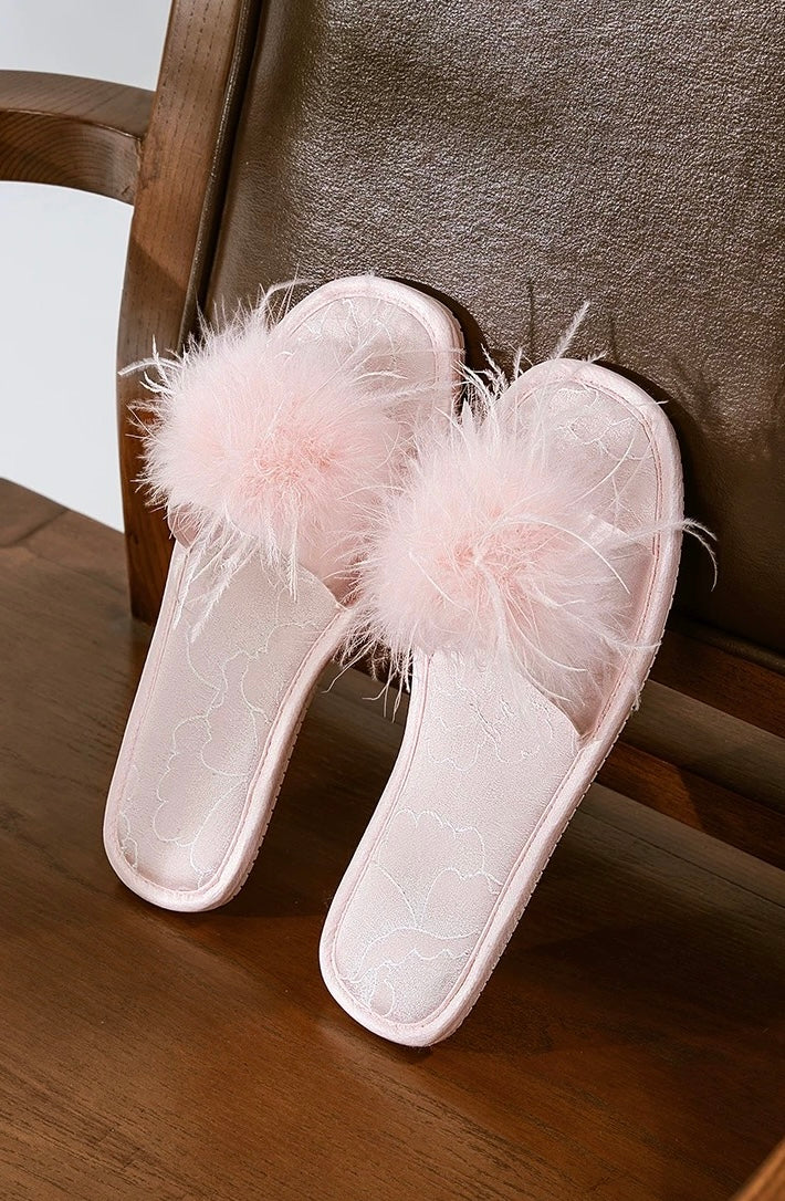 Ostrich Feather | Jacquard Satin Open-Toe Slides