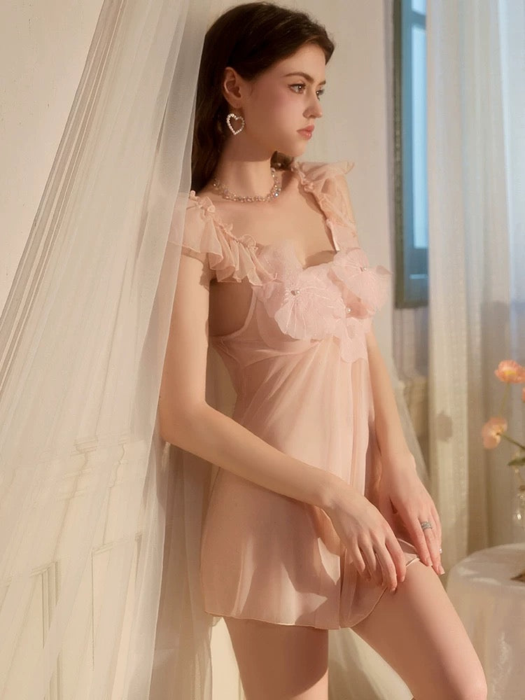 Pink Floral Sheer Nightgown | Ruffle Strap Babydoll Lingerie