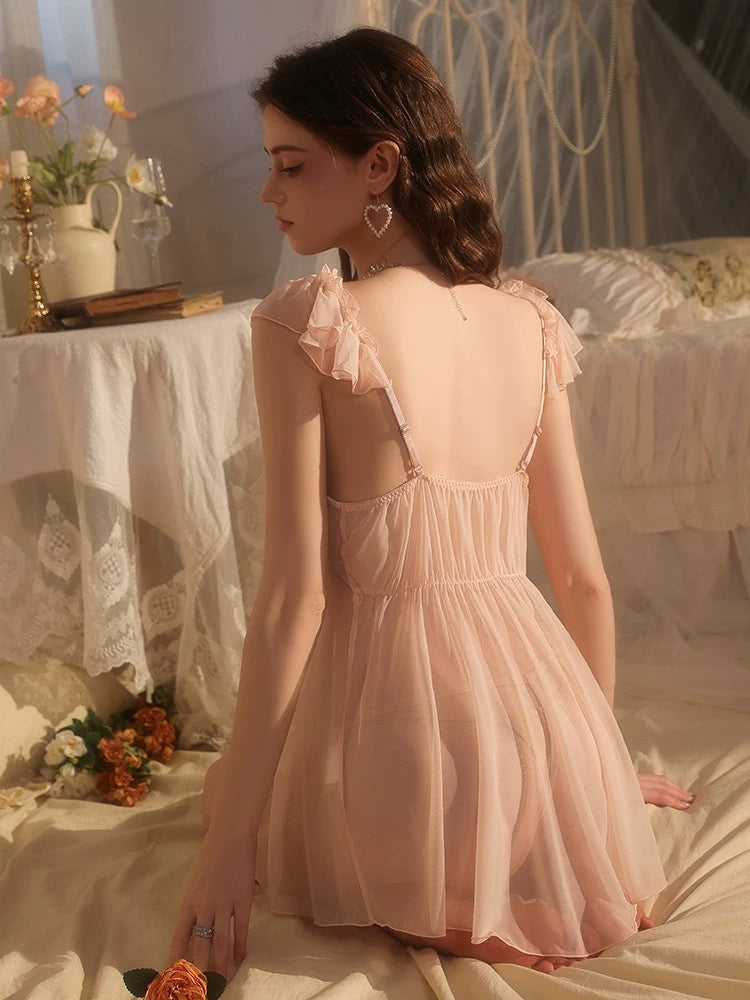 Pink Floral Sheer Nightgown | Ruffle Strap Babydoll Lingerie