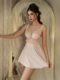 Blush Satin Babydoll | Lace Trim Underwire Nightgown with Open Back