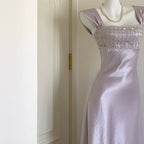 Lavender Satin Beaded Maxi Evening Gown