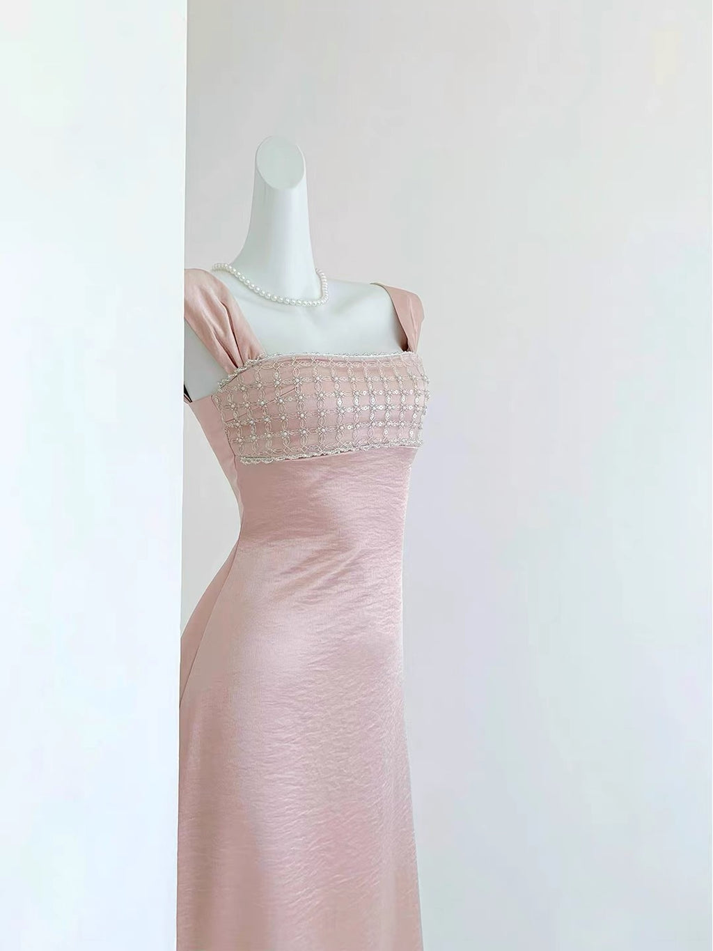 Blush Pink Satin Beaded Maxi Dress