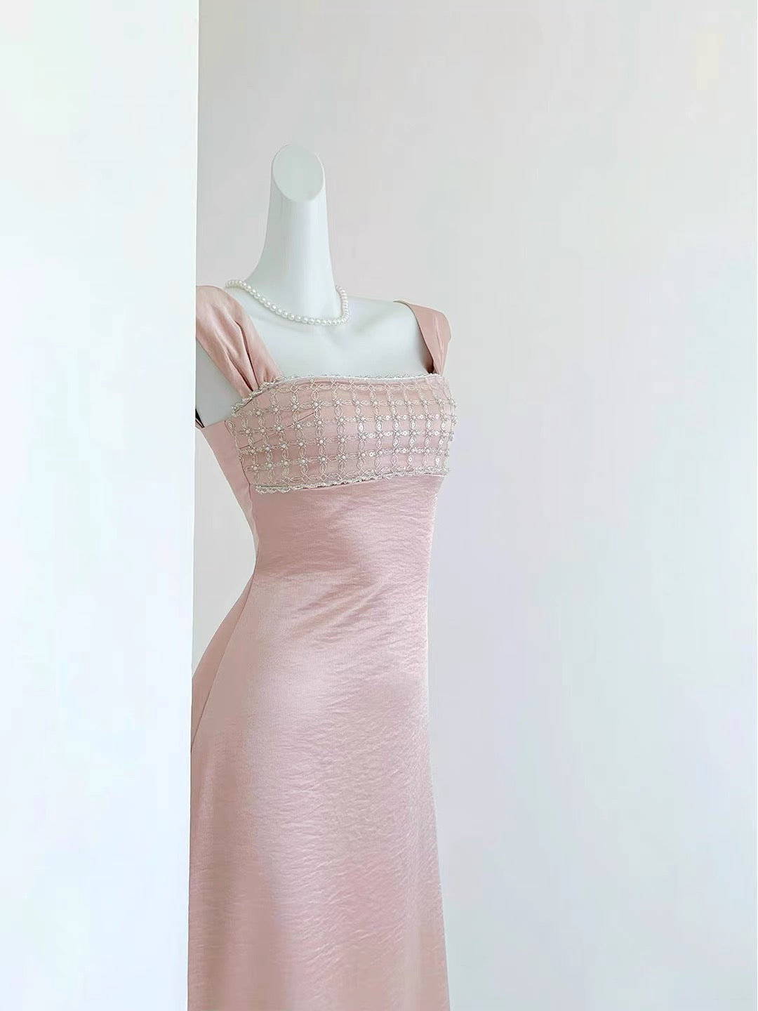 Blush Pink Satin Beaded Maxi Dress