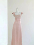 Blush Pink Satin Beaded Maxi Dress