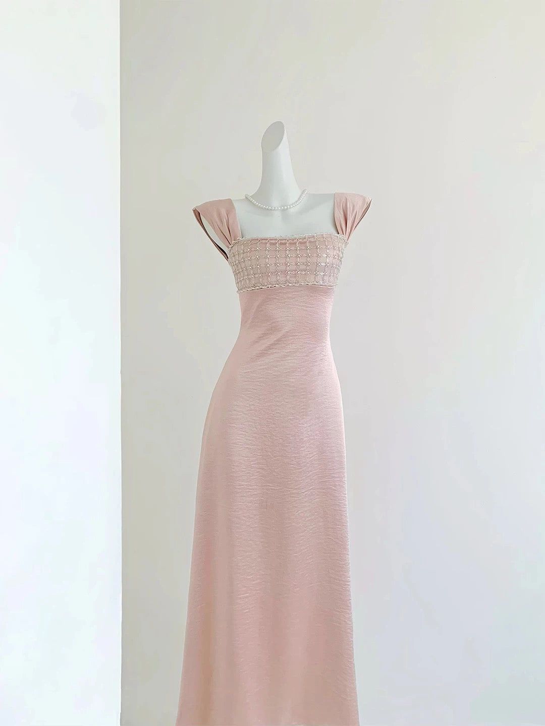 Blush Pink Satin Beaded Maxi Dress